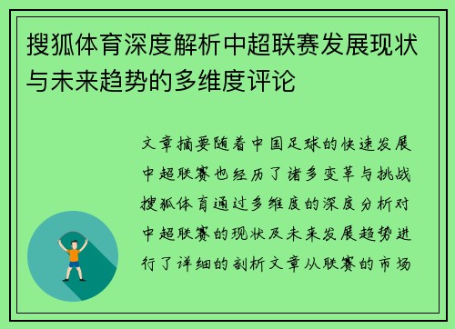搜狐体育深度解析中超联赛发展现状与未来趋势的多维度评论