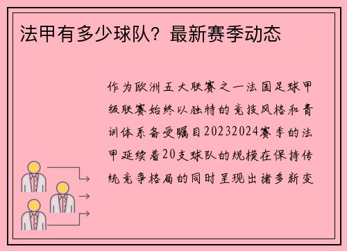 法甲有多少球队？最新赛季动态